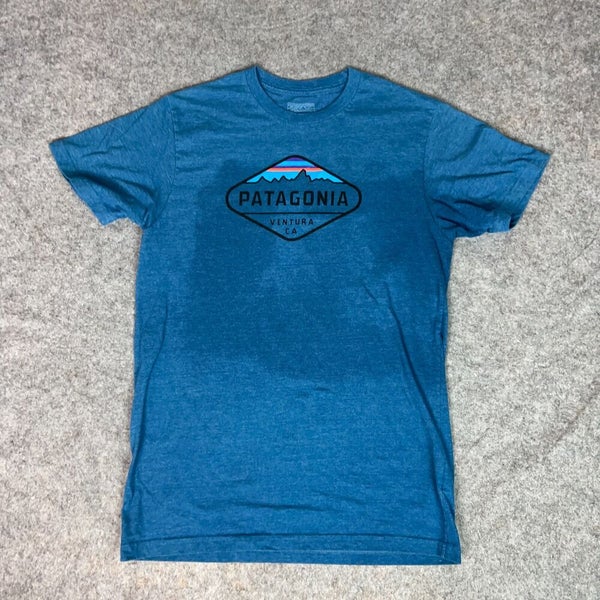 Patagonia Mens Shirt Medium Blue Tee T Spellout Logo Outdoors Casual Hiking ^