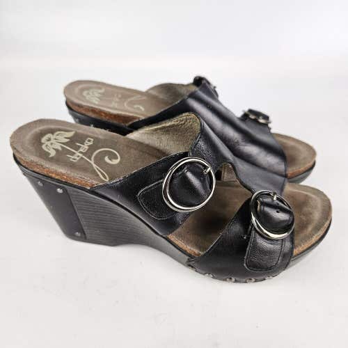 Dansko Fern Black Leather Wedge Slip On Sandals Buckle Women Size: 38 / 7.5