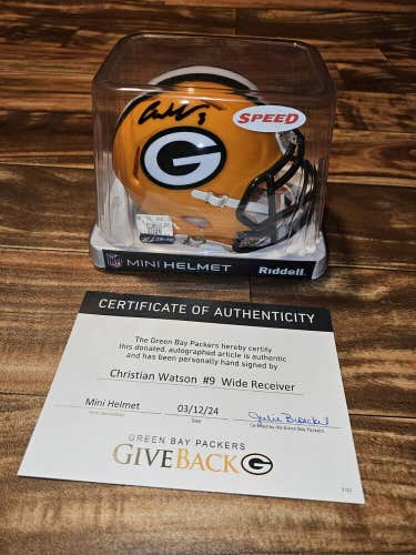 NEW Christian Watson Autographed Packers Speed Yellow NFL Sports Mini Helmet