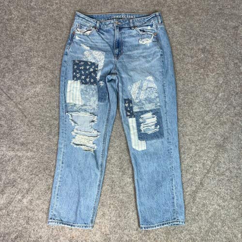 American Eagle Women Jeans 10 Blue Denim Pant Mom Straight Patchwork High Rise
