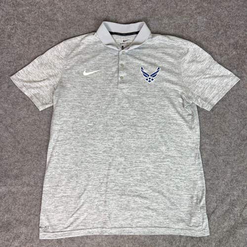 Nike Men Polo Shirt Large Gray Air Force Swoosh Short Sleeve Button Golf Dri Fit
