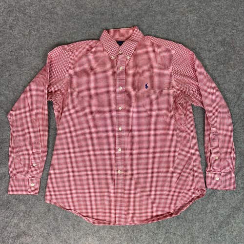 Ralph Lauren Mens Shirt Large Red White Check Blue Pony Long Sleeve Button Top