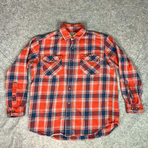 Duluth Trading Mens Shirt Large Orange Blue Flannel Hiking Camp Heavy Cabin Top