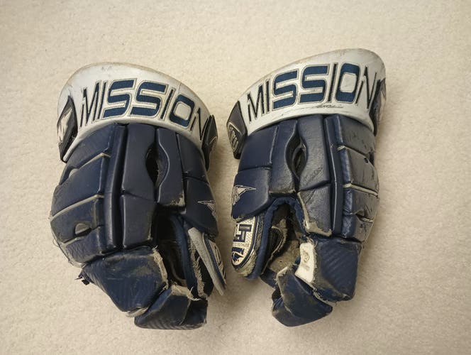 Used Mission Seven 1 Four Ice Hockey Gloves 15" Blue and White
