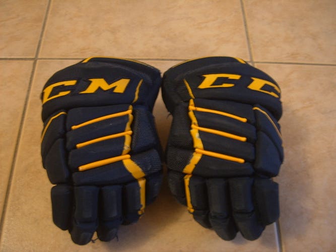 Good Condition CCM JetSpeed FT370 Junior Hockey Gloves sz 10" Navy/Gold