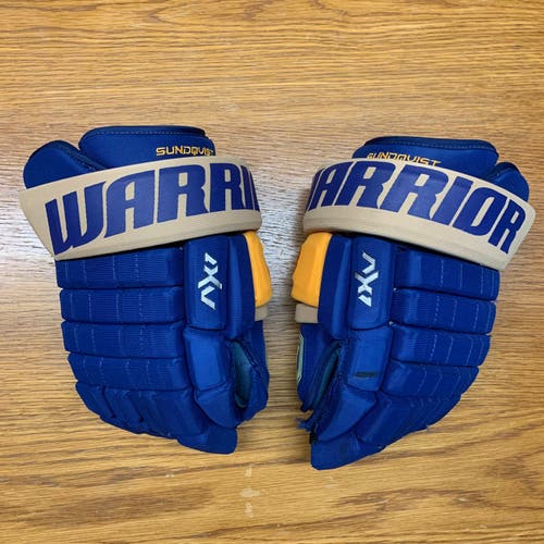 Warrior Franchise AX1 Pro Stock Hockey Game Used Gloves 13N Sundqvist Blues Heritage
