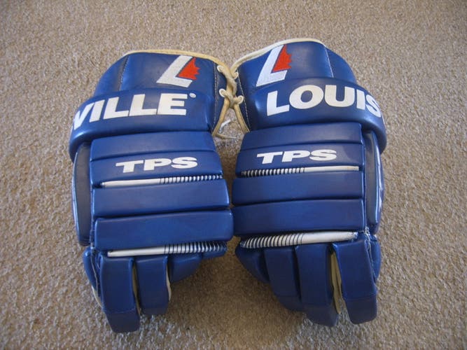 Hockey Gloves-Excellent Condition Vintage Louisville TPS Senior Hockey Gloves 14" Blue/White