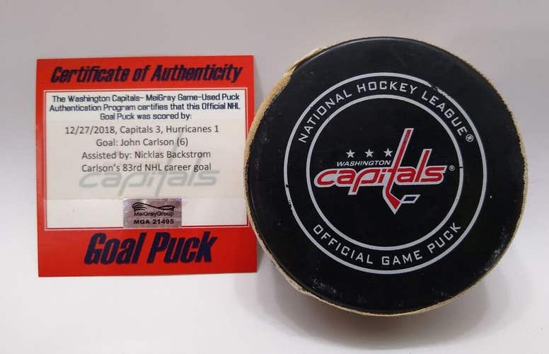 12-27-18 JOHN CARLSON Washington Capitals vs Hurricanes NHL Game Used GOAL Puck