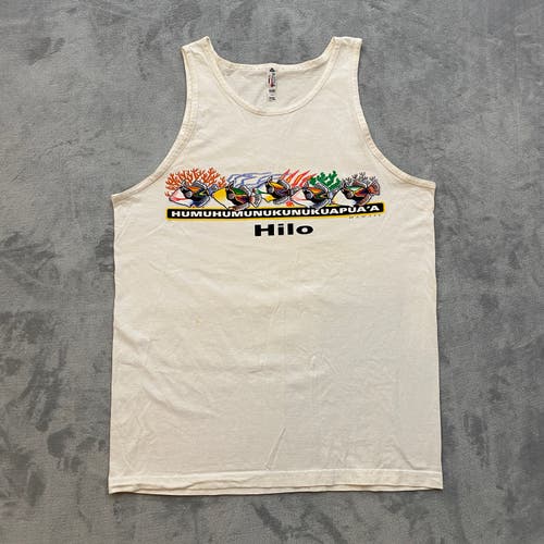 Vintage Y2K HILO Hawaii Tank Top Men Large White Sleeveless STATE FISH Alstyle