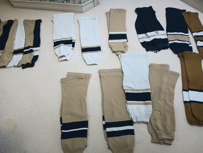 Huge Lot of 14 Pairs Ice Hockey Socks Bundle Gold / White / Blue Used Senior - Bulk Deal