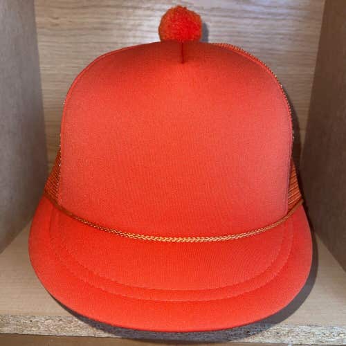 Vintage Short Brim Bill Pom Hat Orange Snapback Mesh Blank Plain RARE Foam Cap