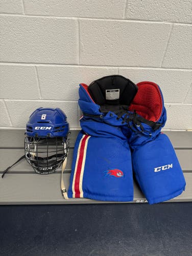 Used University of Massachusetts-Lowell SR. CCM Hockey Pants, Helmet and Gloves