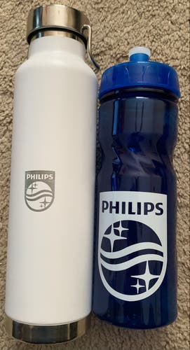Philips branded 24 oz white insulated water bottle and 20oz blue squeeze bottle