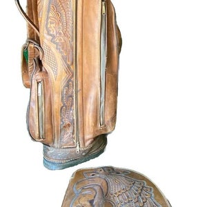 Vintage Mexican Leather Aztec Indian Mayan Golf Bag With Rain Cover Zippers Work