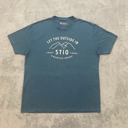 STIO T Shirt Men XL Slate Blue LET THE OUTSIDE IN Short Sleeve Logo Spell Out