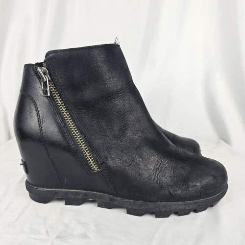 Sorel Women's Size 9 Joan Of Arctic Wedge II Zip Black Leather Boots NL3364-010