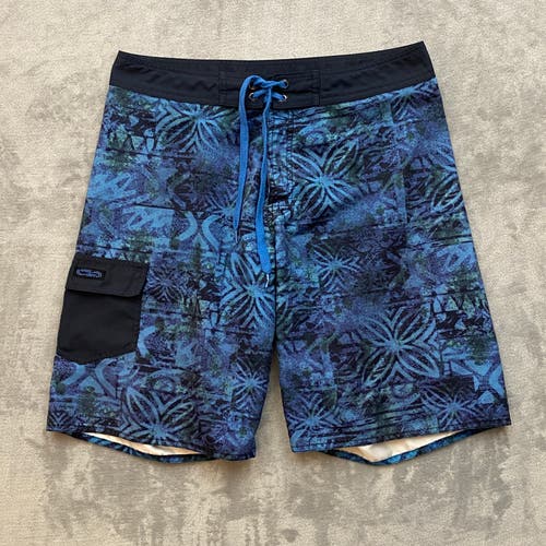 Vintage Crazy Shirts Hawaii Board Shorts Men 34 Blue Floral 10" inseam Pocket