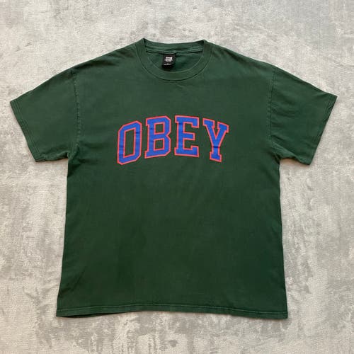 Vintage OBEY T Shirt Men Large Green Short Sleeve Lowkey Dissent Logo Spellout