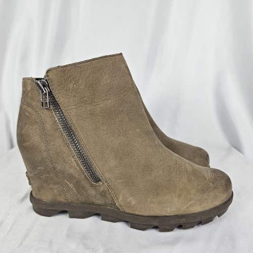 Sorel Joan Of Arctic Wedge II Zip Wedge Chelsea Boot Brown Leather Women Size 9