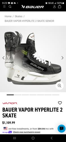 Senior Bauer Vapor Hyperlite 2 Hockey Skates Size 9 Fit 3