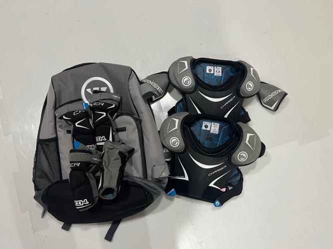 Lot: Youth XS and S Maverik Charger Shoulder Pads, S & M Arm Pads and Warrior Backpack