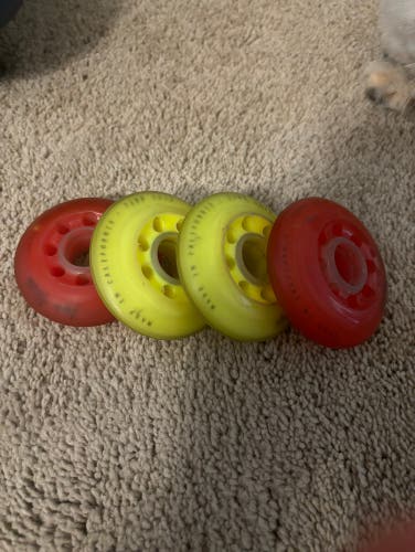 4 Used  76mm 76A Labeda Addiction Wheels 2 Yellow 2 Red