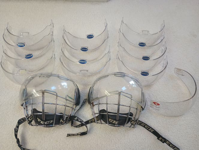(2) Rare Used Itech FX50 Full Cage / Replaceable Visor Shield Ice Hockey w/ 13 Visors