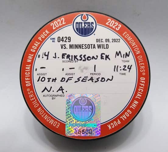 12-9-22 JOEL ERIKSSON EK Minnesota Wild Edmonton Oilers NHL Game Used GOAL PUCK