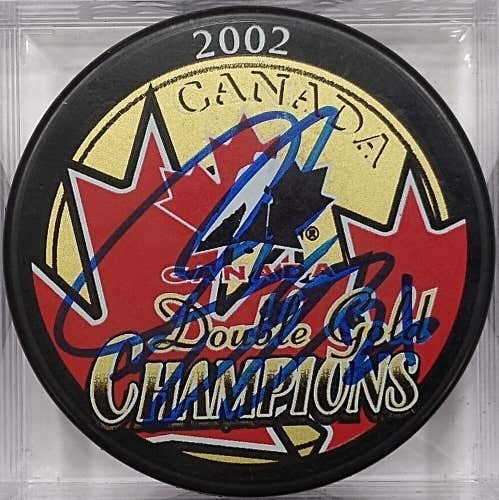 SIMON GAGNE Autographed 2002 Team Canada Olympic Double Gold Champions Puck