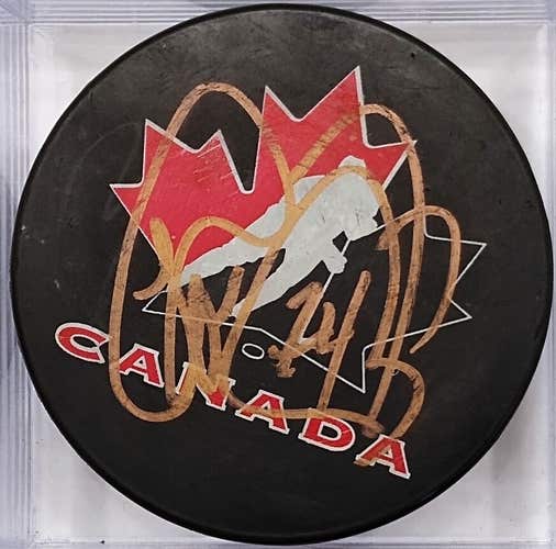 THEO FLEURY #24 Autographed Team Canada Olympic Gold NHL Hockey Puck Signed