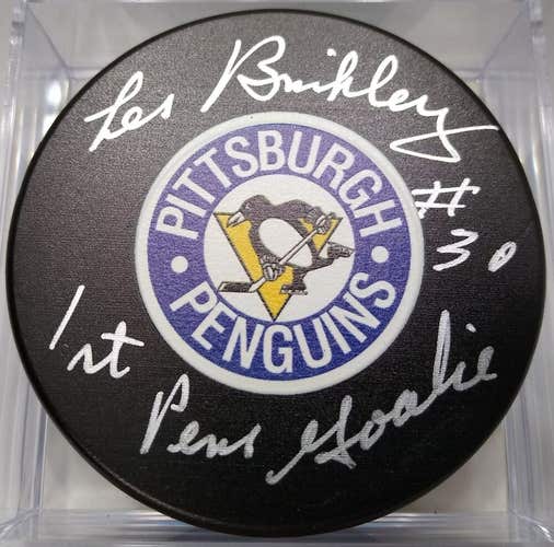 LES BINKLEY Autographed Pittsburgh Penguins NHL Hockey Puck 1ST PENS GOALIE