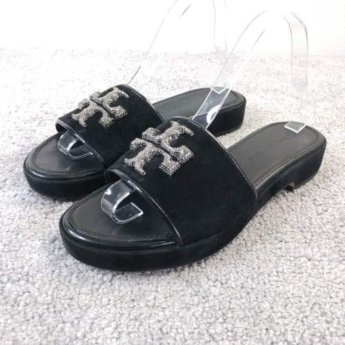 Tory Burch Slides Womens 9 Sandals Slip On Flats Black Velvet Shoes Glitter Logo