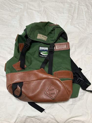 Vintage L.L Bean Leather Nylon Backpack Green Brown Patch Grand Teton Idaho