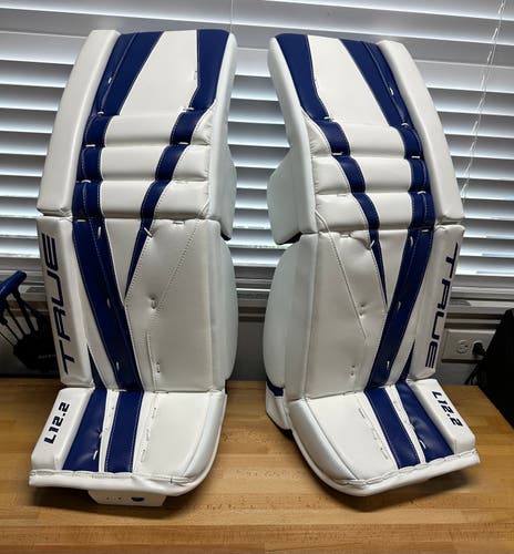 True L12.2 Goalie Leg Pads 34+2 - White with Royal accents