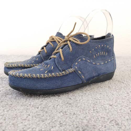 MINNETONKA Womens 6 Chukka Ankle Boots Blue Lace Up Suede Leather Moccasin