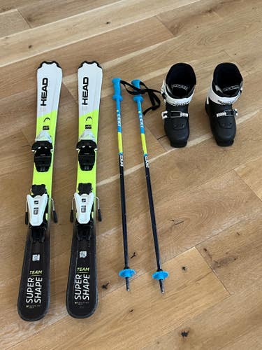 Used 2022 Kid's HEAD 117 cm All Mountain SuperShape Team Skis With Bindings, Head Z2 Boots and poles
