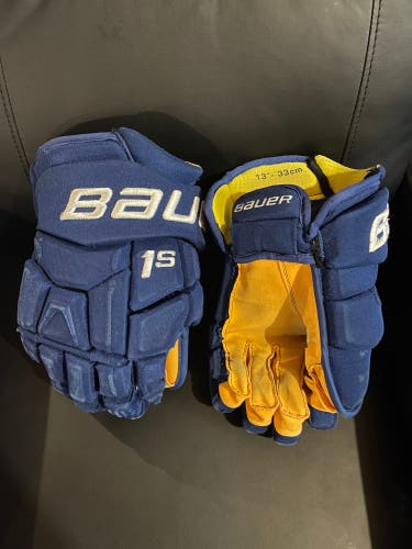 Blue Bauer Supreme 1S Hockey Gloves 13” Pro Stock Yellow Palms Vancouver Canucks Troy Stecher