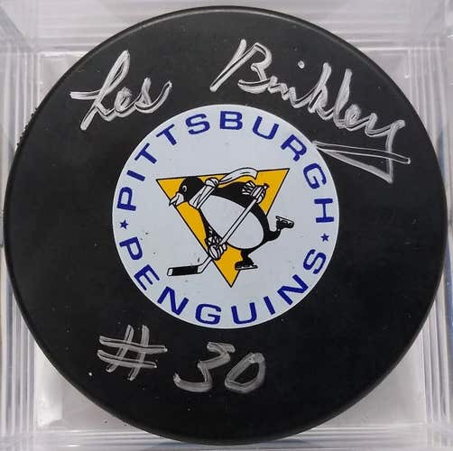 LES BINKLEY Autographed Pittsburgh Penguins Vintage Logo NHL Hockey Puck Signed