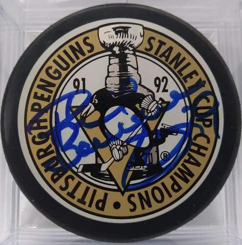 PHIL BOURQUE Autographed Pittsburgh Penguins 91+92 Stanley Cup Champ Hockey Puck