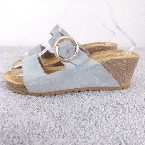Yokono Wedge Sandals Womens 7 Shoes 2 Strap Buckle Blue Suede Made in Spain