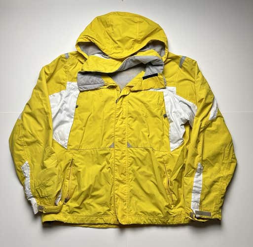 Eddie Bauer Zip Up Rain Jacket Bright Yellow Hooded Full Zip Taped Seam Sz XL