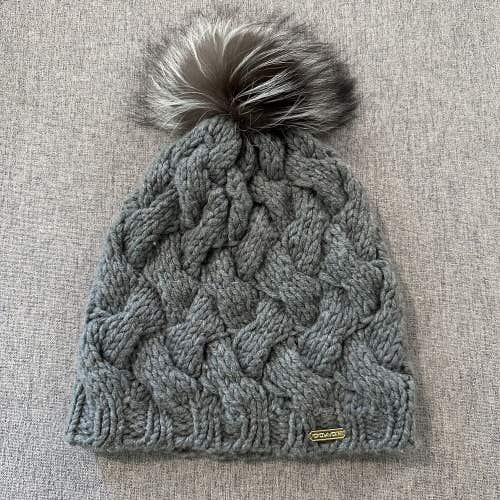 Coach Winter Beanie Hat Women's Cashmere Wool Chunky Knit Pom Pom Cap Gray Gold