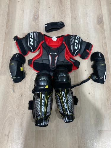 Used Junior Large CCM Starter Kit Leg Pads, Chest Pads, Elbow Pads, Neck Guard