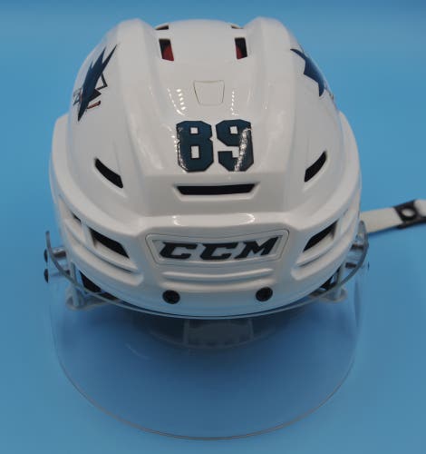 San Jose NHL Game-Used CCM White #89 Jayden Halbgewachs Helmet Pro Stock