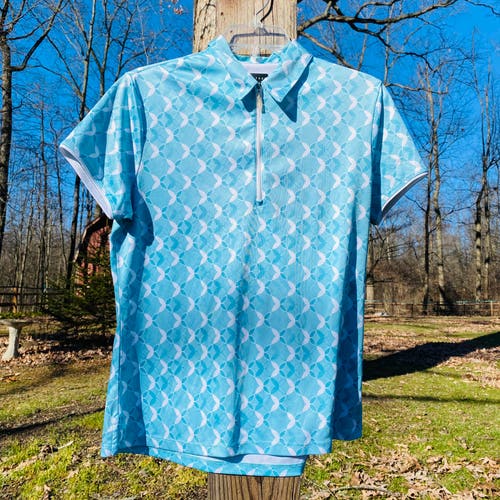 PGA Tour Large Blue/White Geometric Collar Polo Polyester Shirt / Top