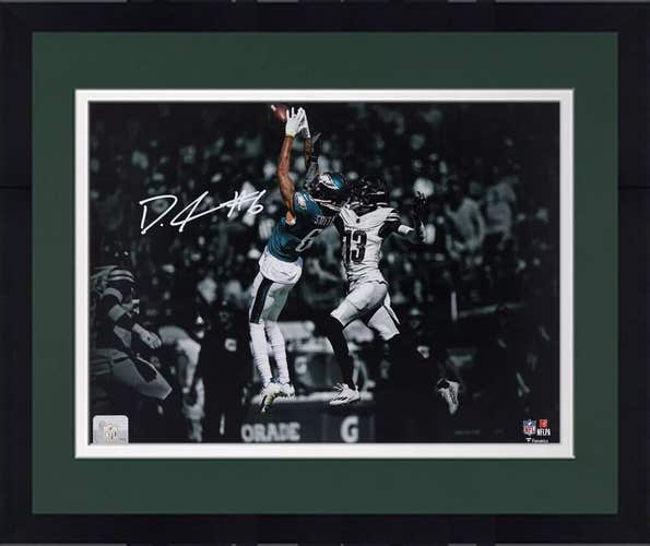 Philadelphia Eagles DeVONTE SMITH Autographed 11 x 14 Leaping Catch Photo Framed
