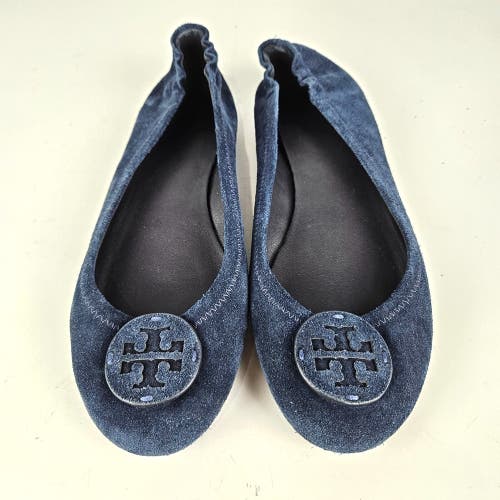 Tory Burch Minnie Blue Suede Leather Ballet Flats Shoes Womens Size 9 M