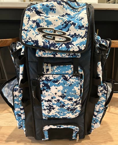Used Boombah Superpack XL Digital Camo Rolling Bat Bag | Camo Navy & Columbia Blue