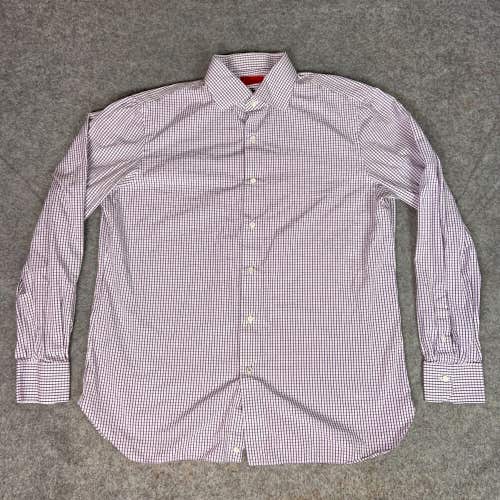 Isaia Napoli Mens Shirt 17 43 Purple White Check Button Formal Italy Cotton Top