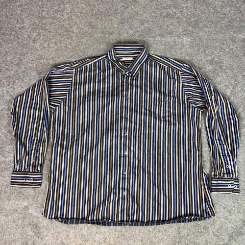 Burberry Mens Shirt 2XL XXL Brown Blue Striped Button Dress Cotton London Top
